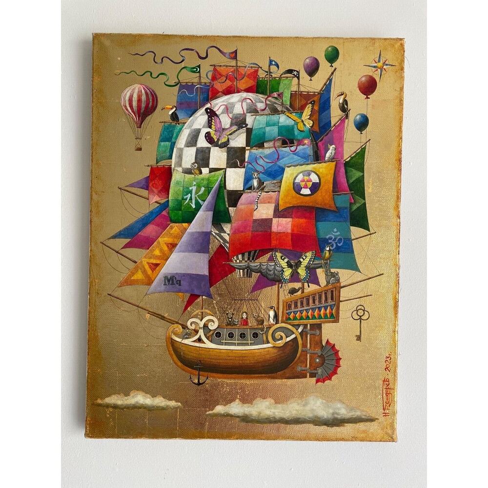 Contemporary Surreal Painting “Korablik" Nikolai Bondarev Gold Canvas Signed